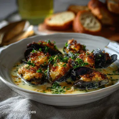 Mejillones Gratinados Con Velout De Albario: Lujo Navide&ntilde;o Tarjeta de receta