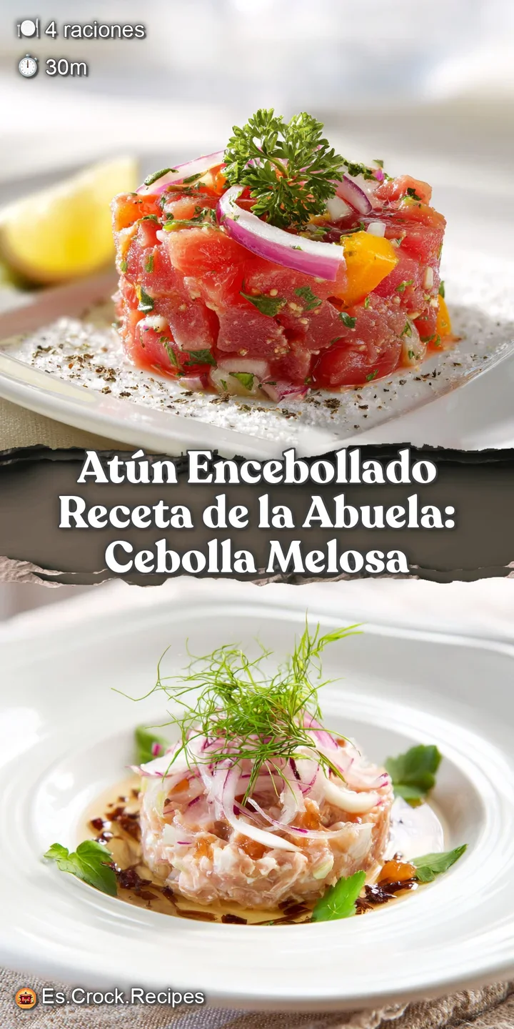 Close-up captures the tender texture of flaky tuna bathed in a sweet, glistening onion sauce, hinting at its savory, comfo...