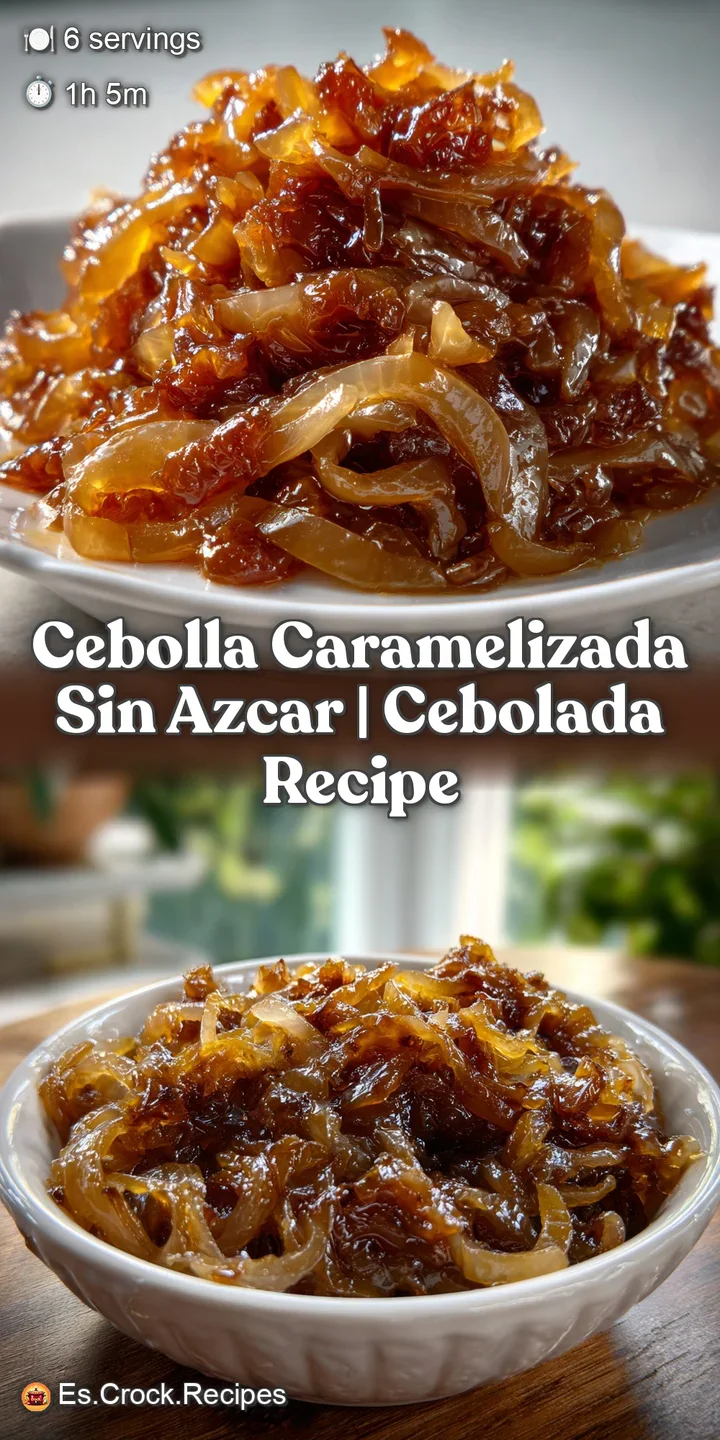 Close-up of bubbling, amber-hued onions with a glistening surface. The tender, translucent strands suggest a deeply savory...