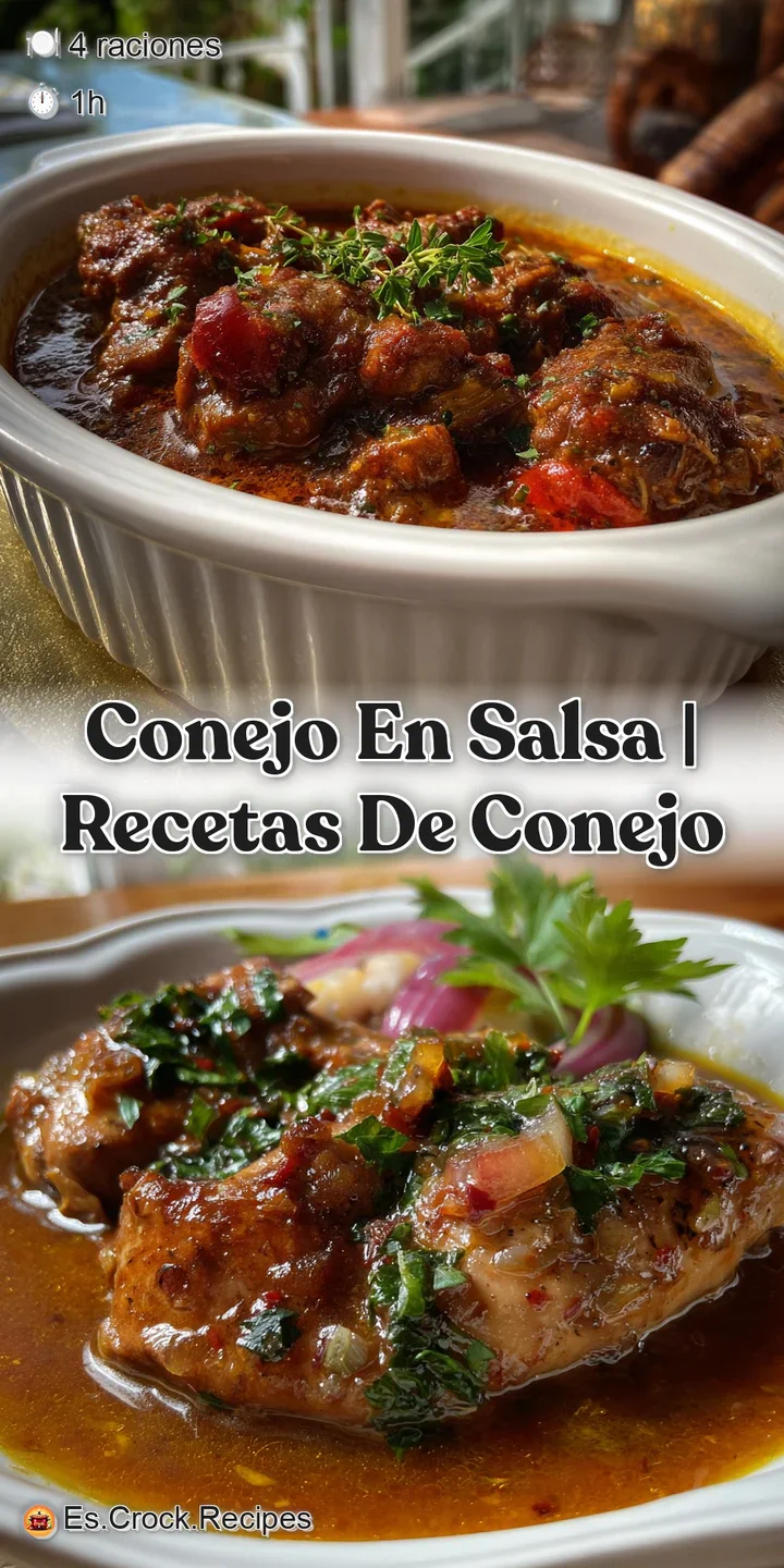 Close-up of tender rabbit in a deep, flavorful sauce; glistening with savory richness. Aromas of herbs and slow-cooked com...