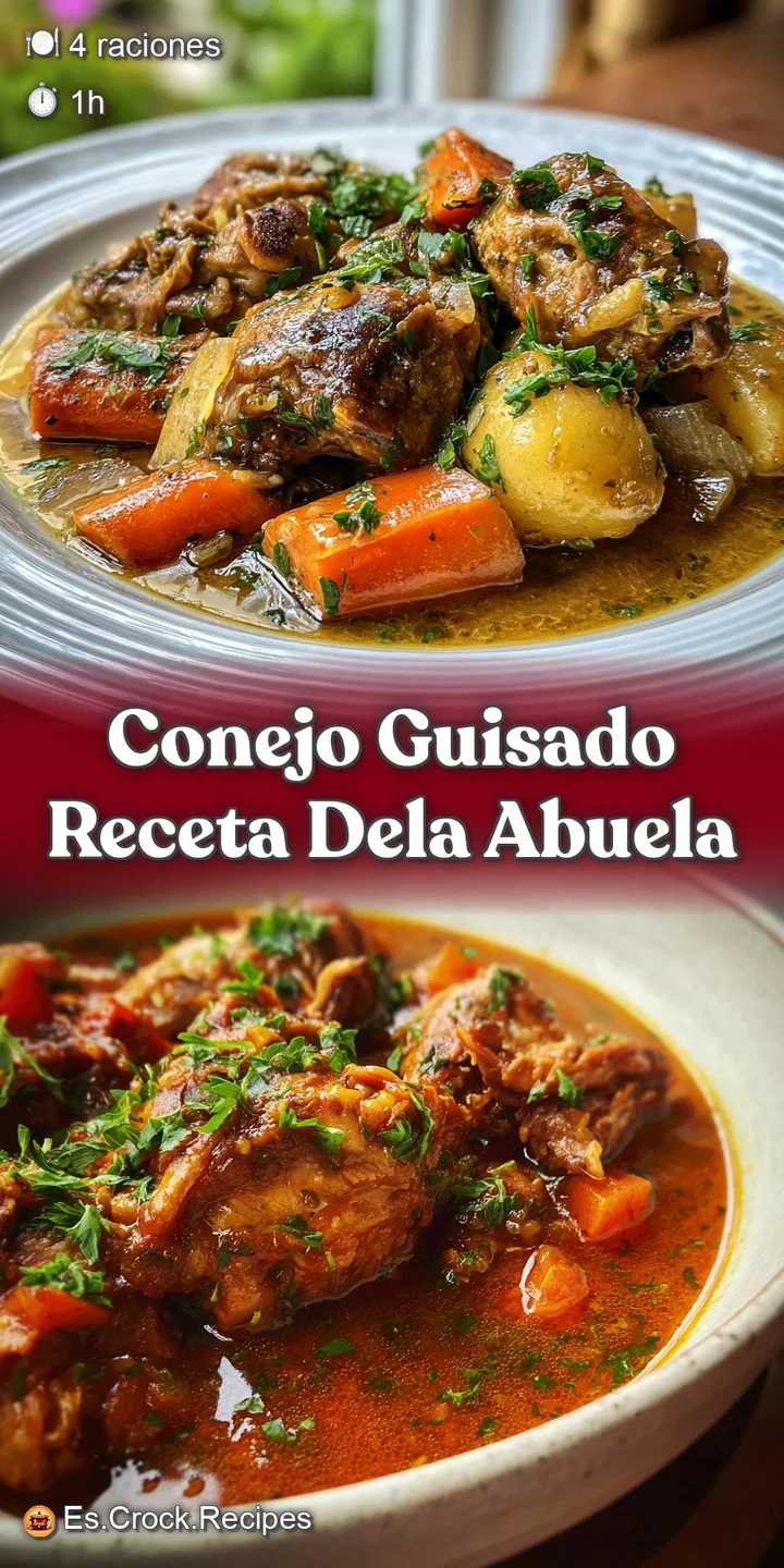 Close-up of simmered rabbit: moist, shredded meat with carrots, herbs, a hearty, traditional comfort food stew.