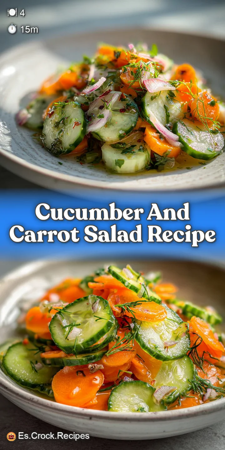 Crisp, close-up view of cucumber and carrot ribbons tossed in a light dressing. The glistening vegetables look incredibly ...