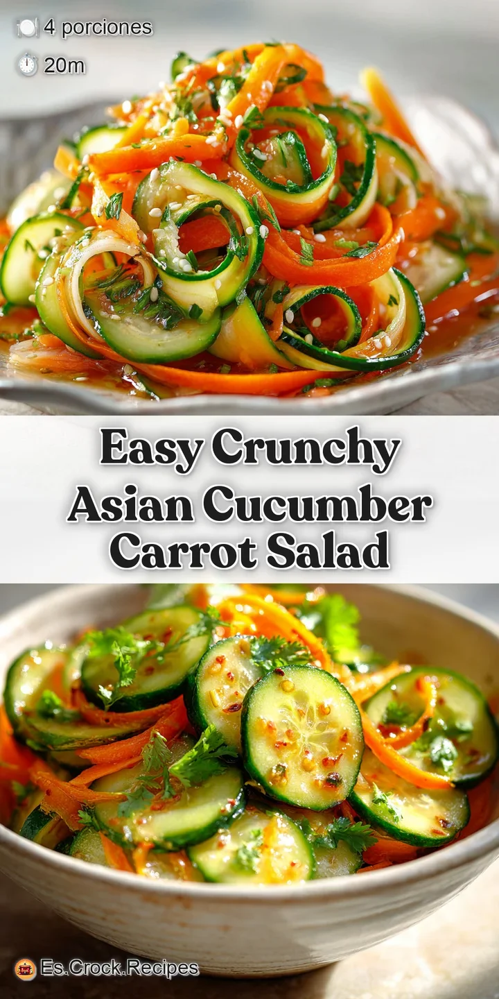 Close-up view of glossy Asian cucumber salad showcasing the fresh, crunchy texture of cucumbers & carrots with a light sheen.