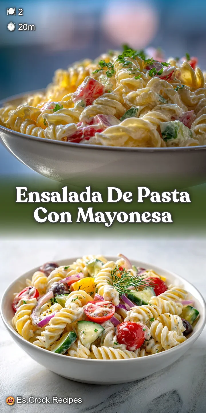 Close-up on pasta salad: see creamy mayonnaise coating tender pasta and crisp vegetables, offering a refreshing, appetizin...