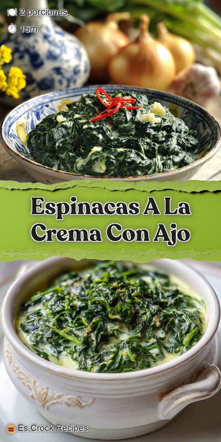 Close-up of glistening creamed spinach, showcasing its lush, smooth texture punctuated by golden flecks of crispy fried ga...