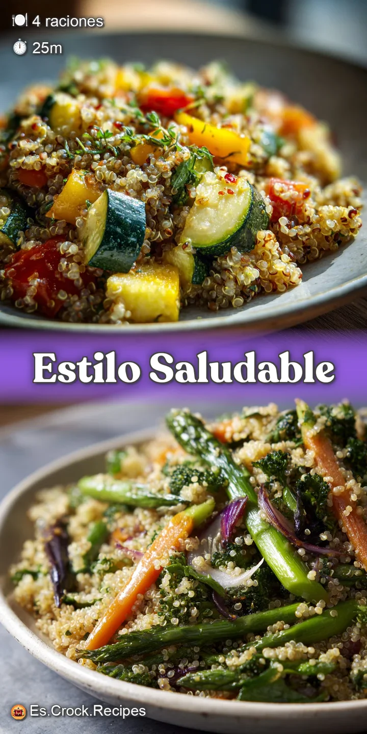 Close-up showing the bright, fresh vegetables mixed with plump quinoa. A glistening, flavorful mix of colors and textures....