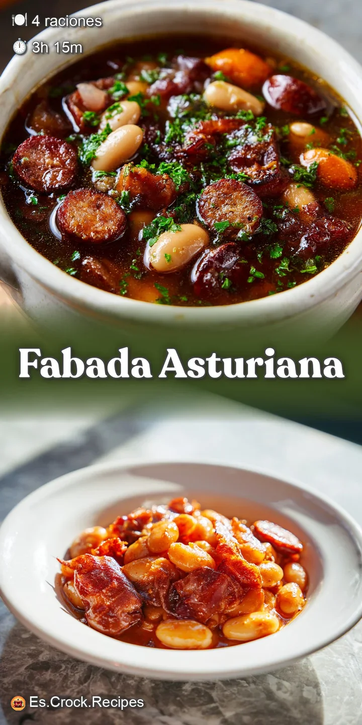 Close-up of fabada asturiana reveals the rich, oily sheen of the broth and the hearty texture of the chorizo, beans, and m...