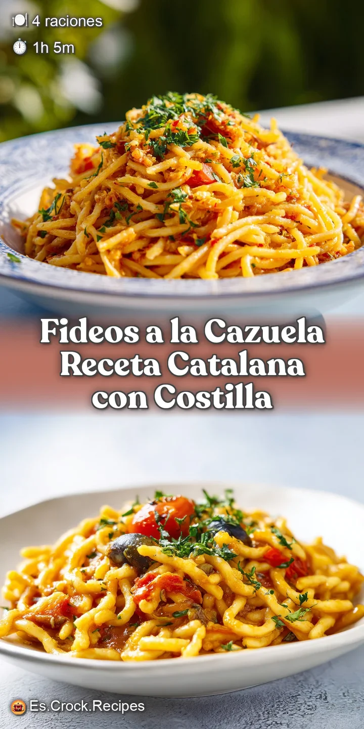 Close-up capturing the textural contrast of tender fideos and the simmering, rich broth, highlighting the dish's savory ar...