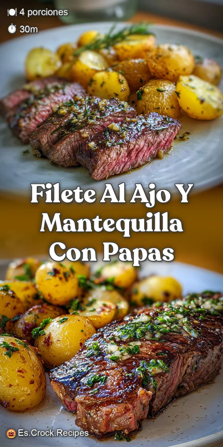 Close-up reveals a succulent steak glistening with melted garlic butter, highlighting its browned edges and tender texture...