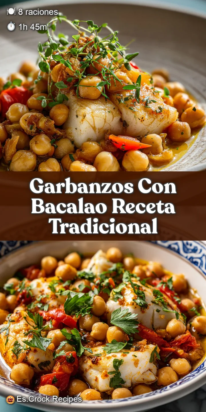 Close-up of glistening garbanzos and bacalao. The slightly wrinkled skin of the cod contrasts with the creamy texture of t...