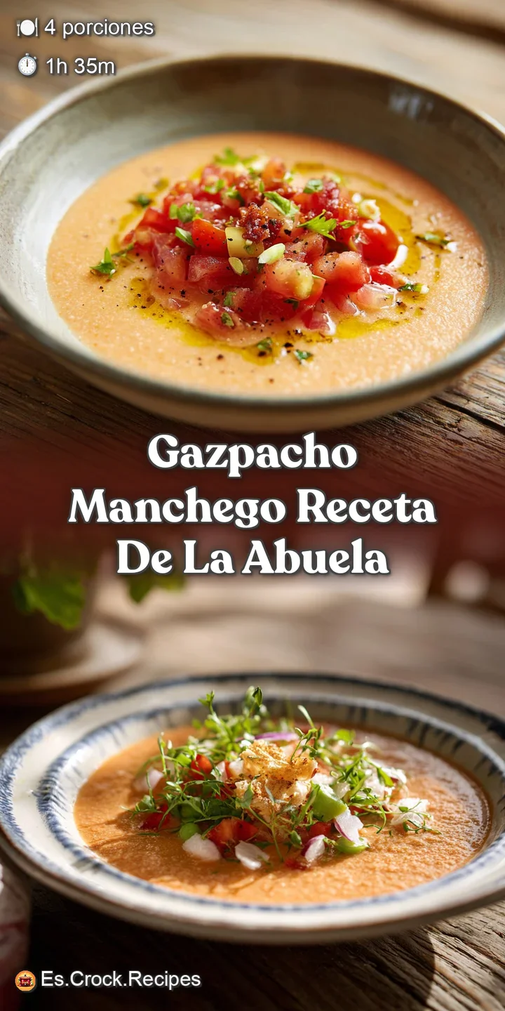 Close-up of savory Gazpacho Manchego; chunky texture of bread and meat, glistening broth with visible spices and fragrant ...