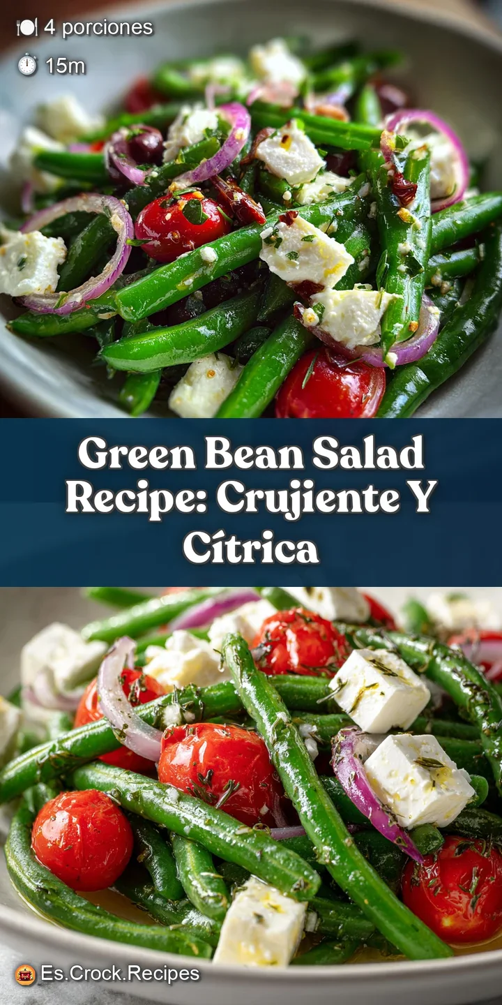 Close-up shot of green bean salad, revealing the glossy dressing clinging to the beans and the crunchy texture of almonds.