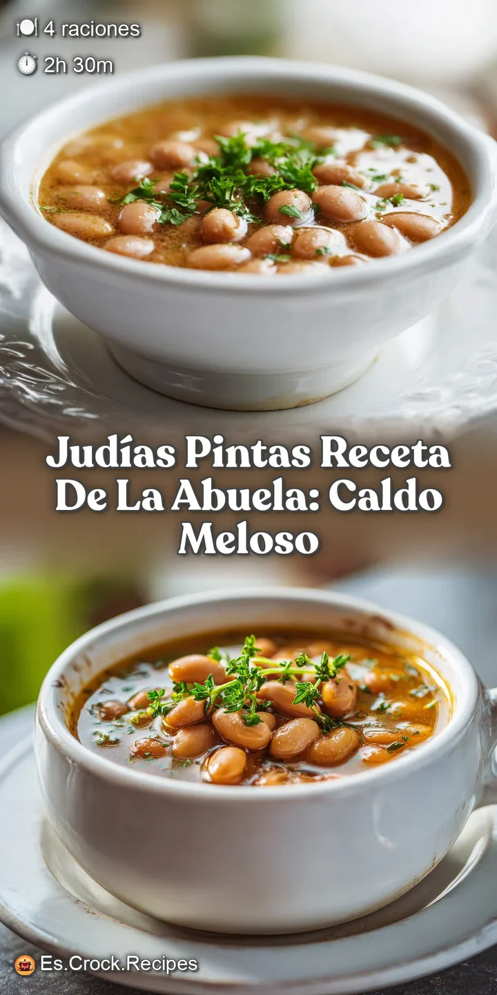 Close-up of glistening pinto beans simmered in a savory broth, hinting at a comforting, home-style flavor with visible steam.