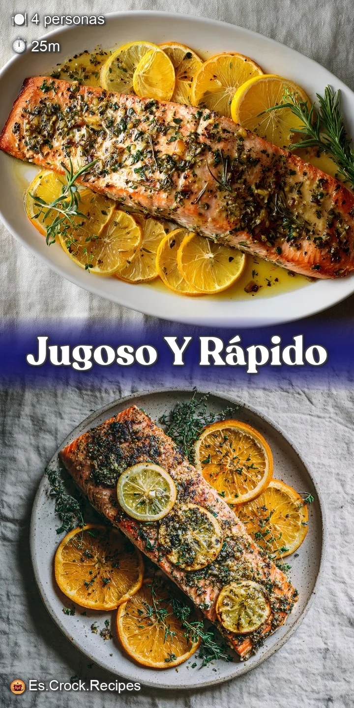 Close-up shows the moist, tender texture of baked salmon, with golden edges and vibrant green herbs clinging to its surfac...