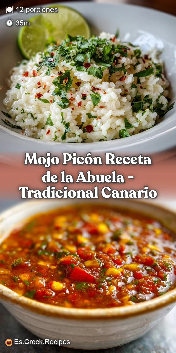 Close-up of coarse, bright red mojo pic&oacute;n sauce with visible chili flakes. Hints of oil sheen and blended ingredients are ...