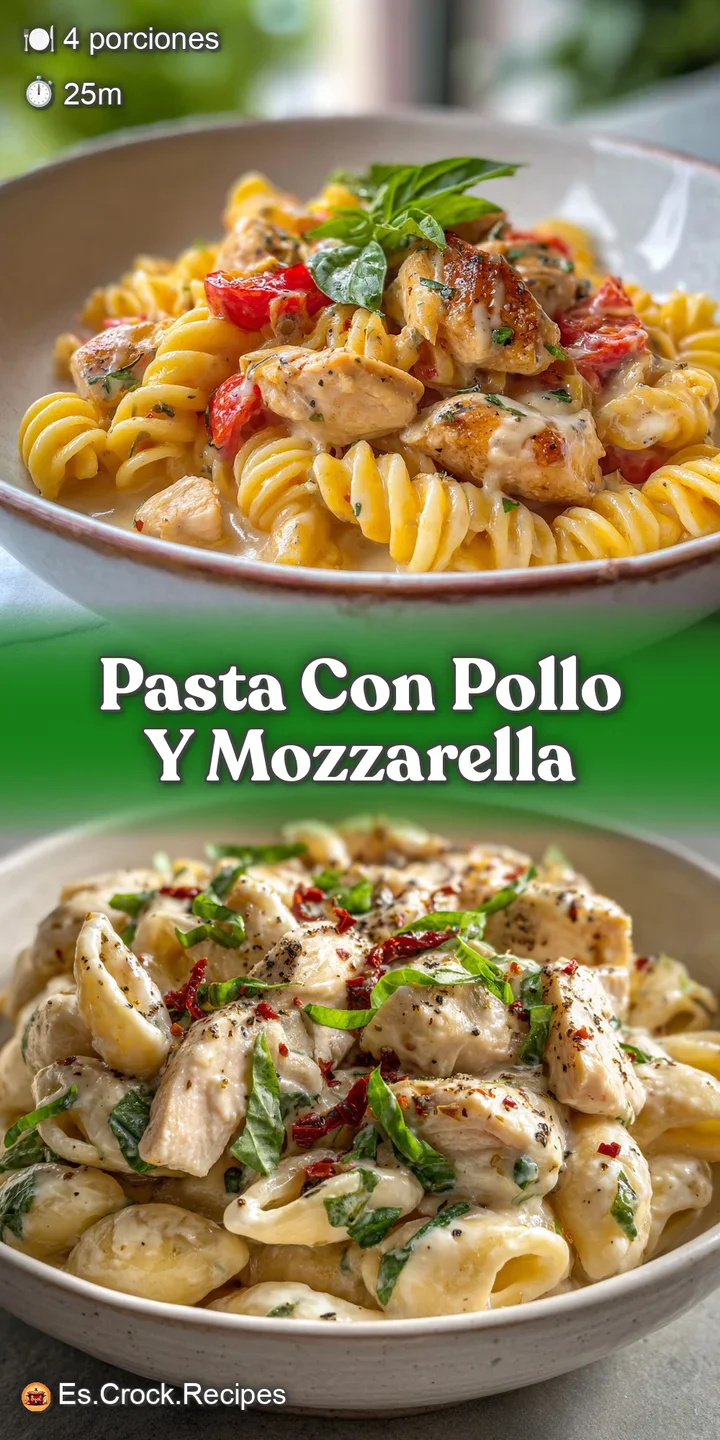 Close-up of creamy mozzarella melting over tender chicken & pasta, with bright green basil offering a fresh, tempting bite.