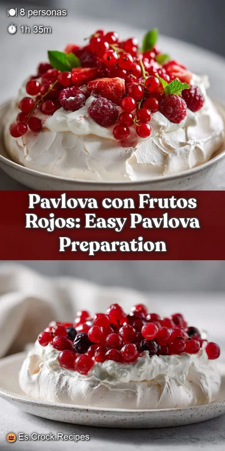 Close-up of a pavlova: crisp meringue peaks, soft whipped cream, and juicy red berries glisten, beckoning a sweet bite.