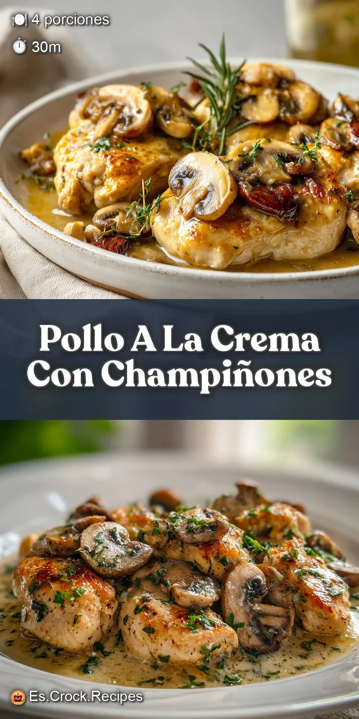 Close-up of tender chicken and plump mushrooms bathed in a rich, creamy sauce. Steam rises, promising a flavorful, comfort...