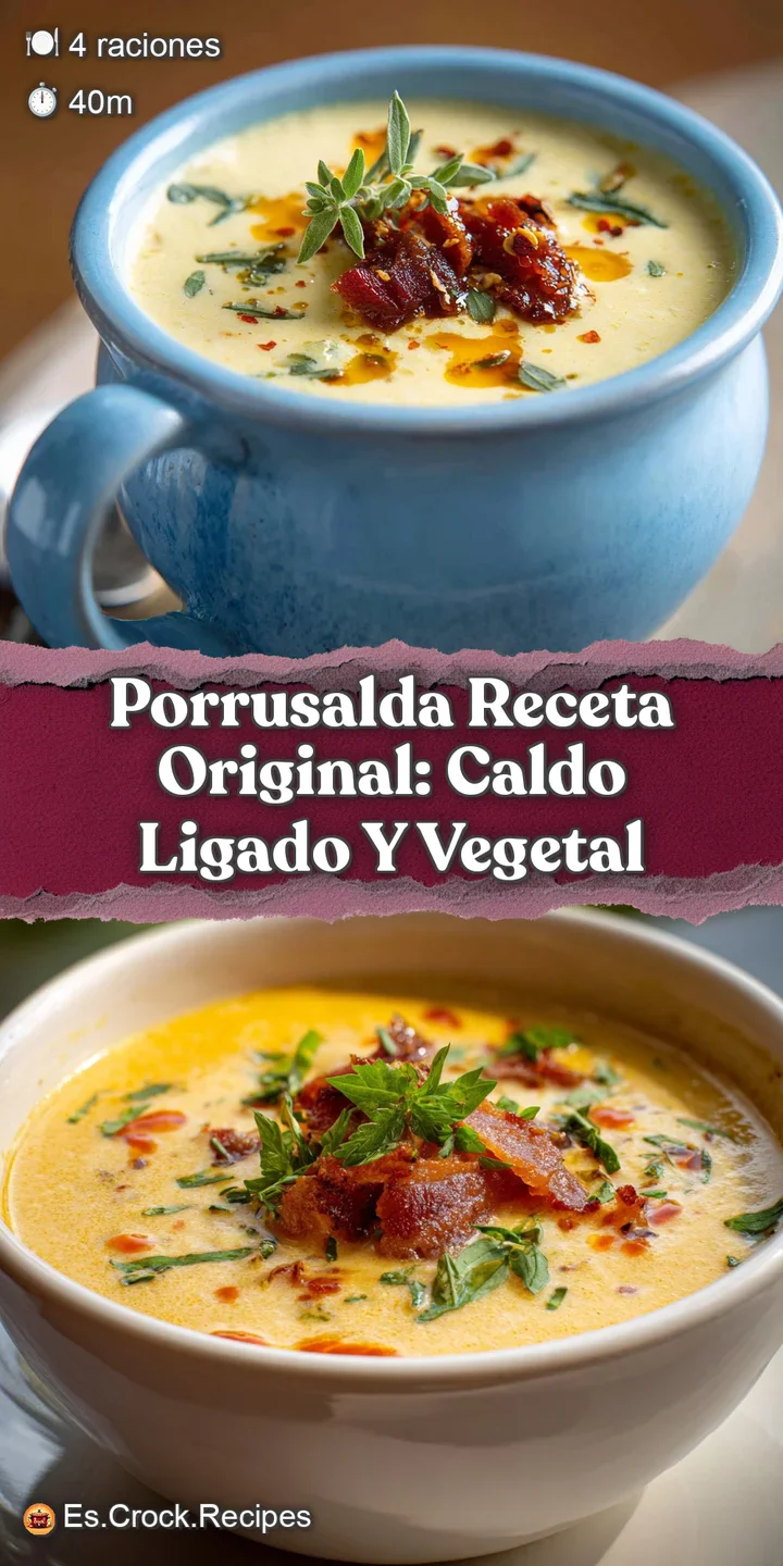 Creamy, comforting porrusalda close-up, showcasing tender leeks and potatoes in a glistening, flavorful broth.