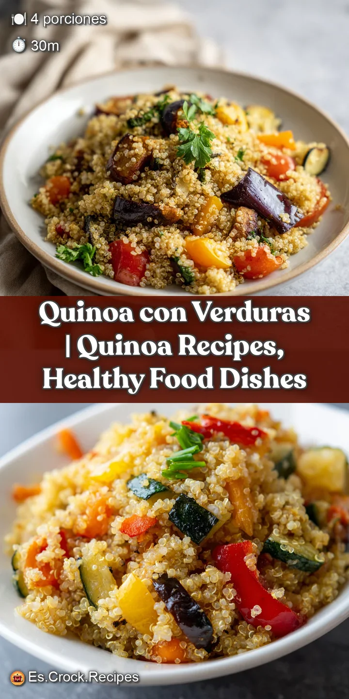 Close-up of fluffy quinoa grains interspersed with bright red bell pepper and green herbs, softly lit.