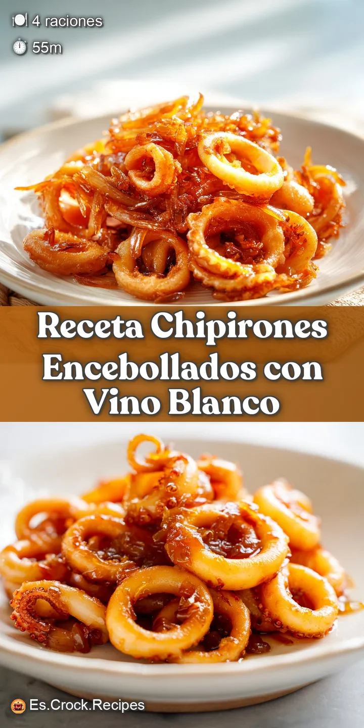 Close-up showcasing the tender texture of small squid rings swimming in a deeply savory, dark amber onion reduction. Rusti...