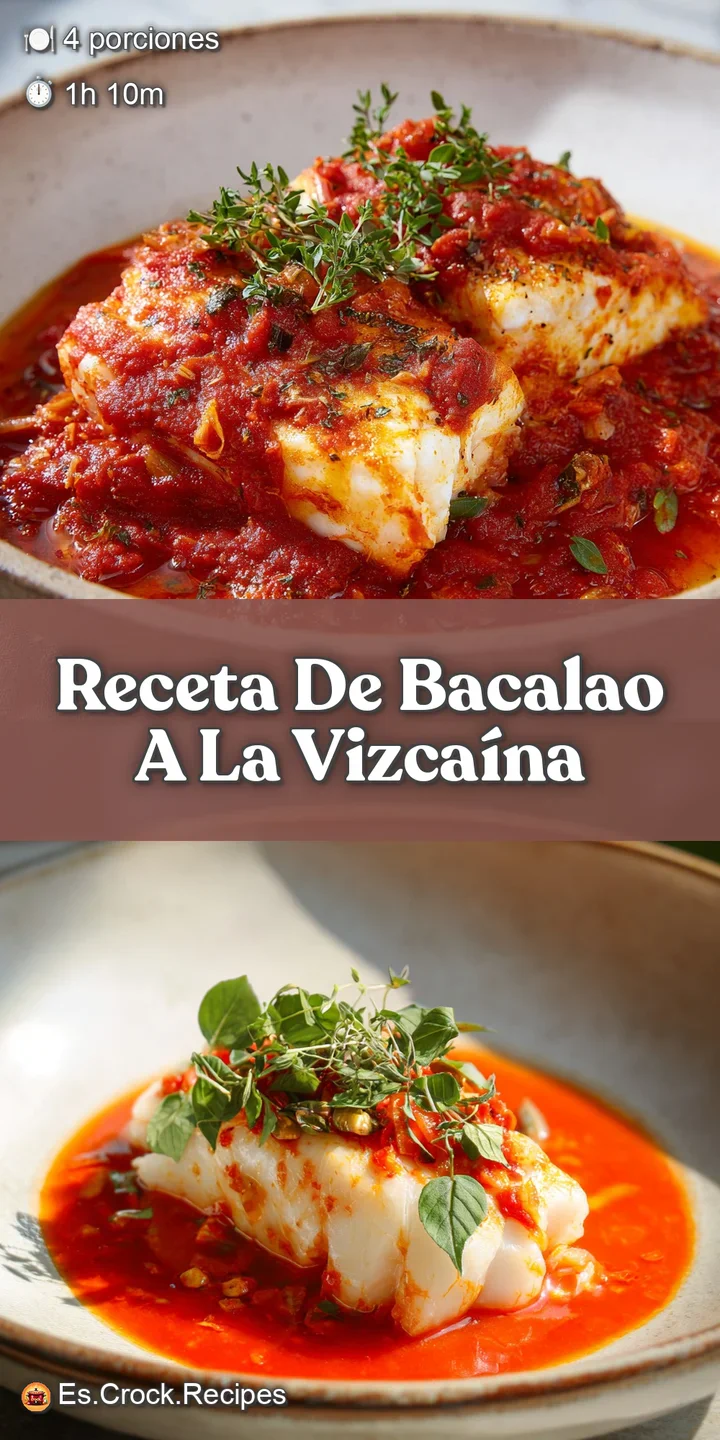 Close-up of Bacalao a la Vizca&iacute;na: cod flakes easily with the fork, immersed in a robust and flavorful tomato pepper sauce.