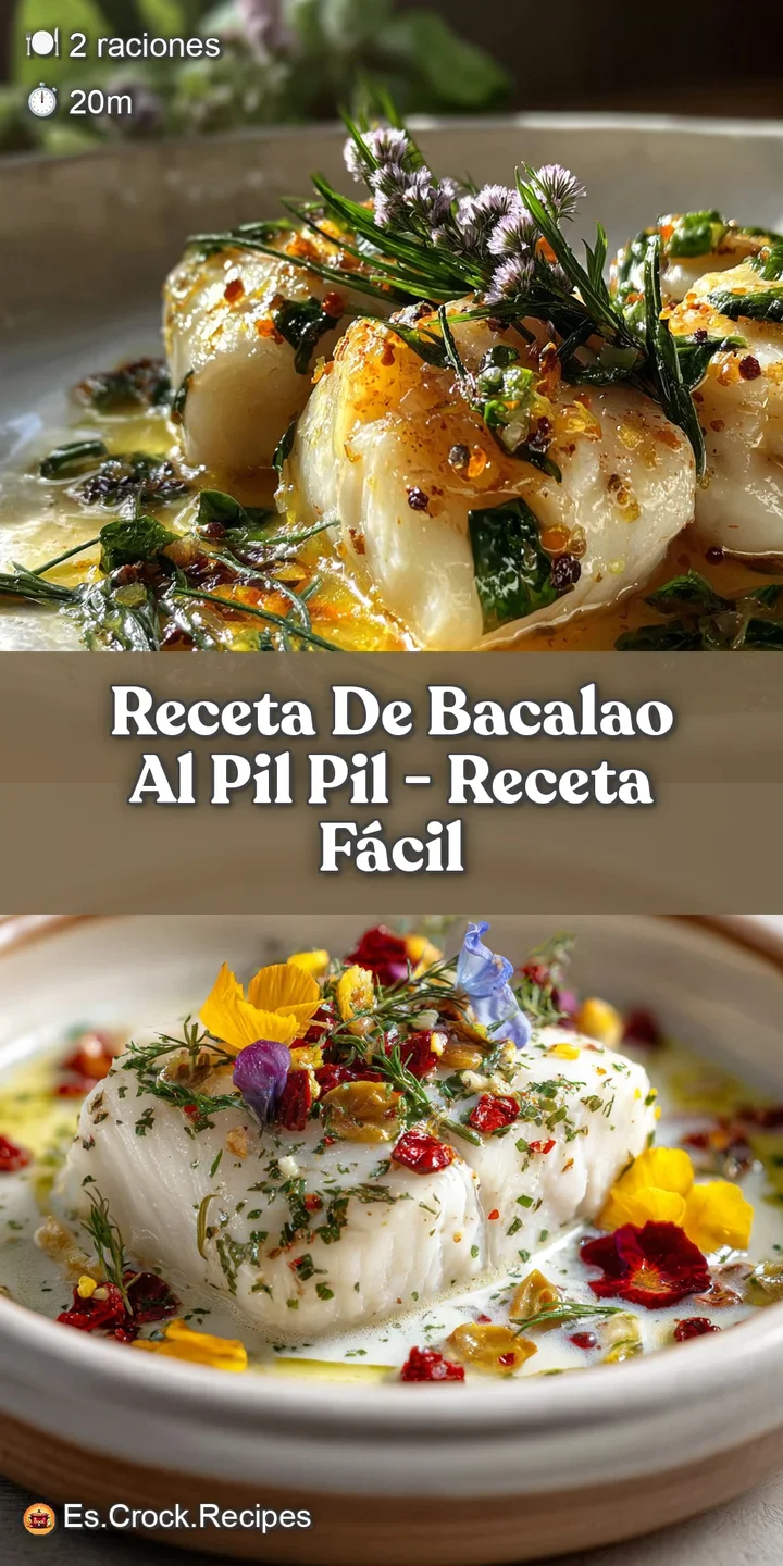 Close-up of glistening bacalao al pil pil. The rich, emulsified sauce clings to the white fish, flecked with browned garlic.