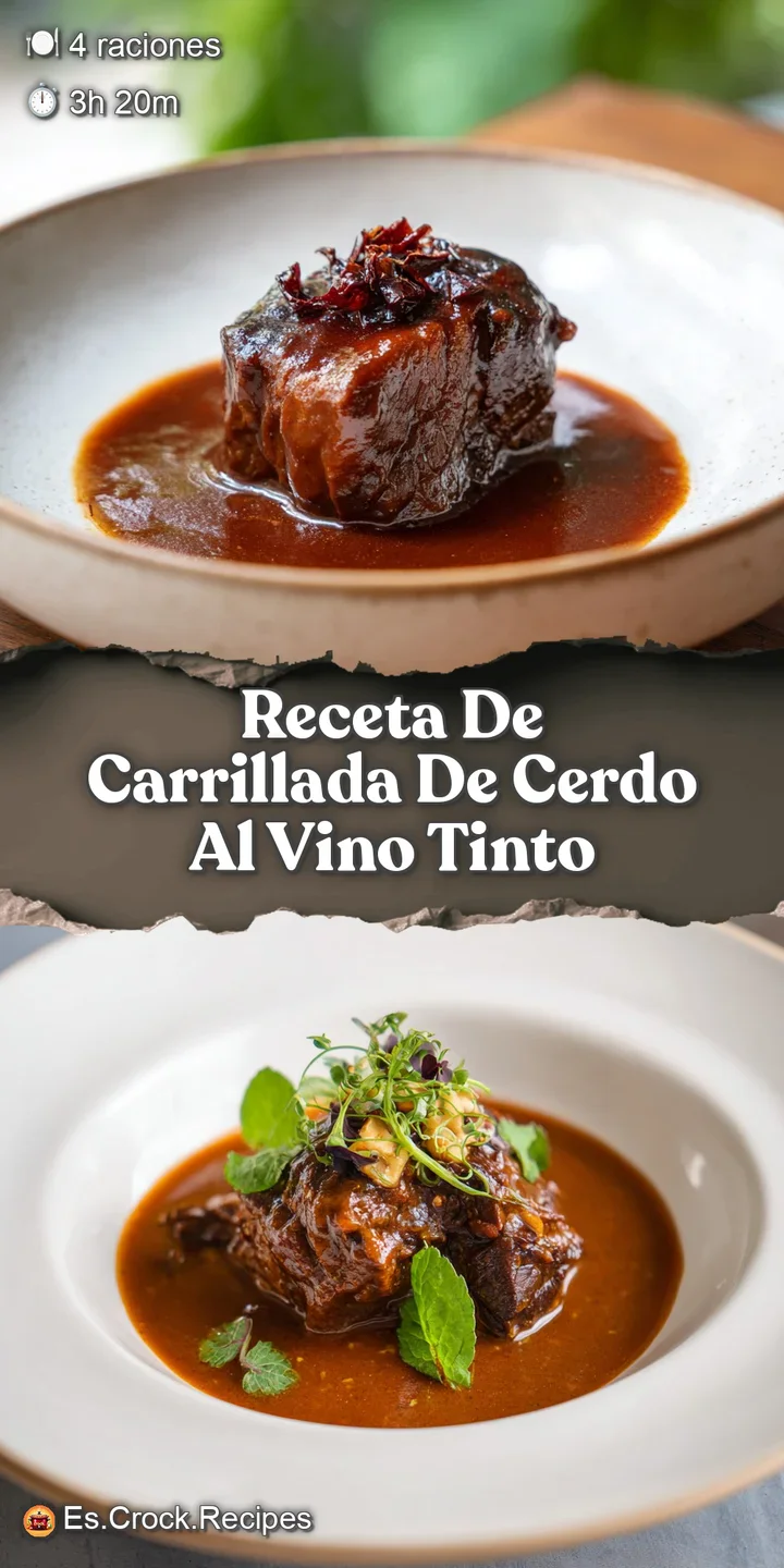 Close-up of savory, melt-in-your-mouth pork simmered in a glossy red wine sauce; the aroma of herbs and wine is practicall...