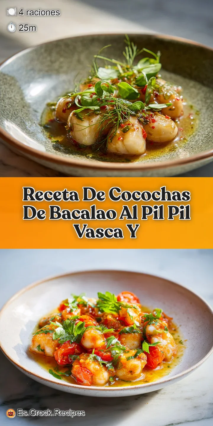 Close-up showcasing the shimmering, gelatinous texture of cocochas in a pool of thick, golden pil pil sauce, speckled with...