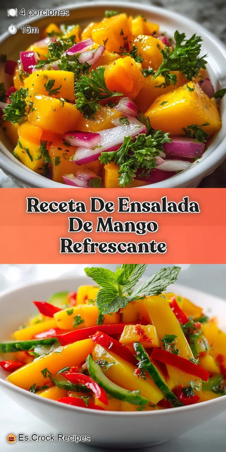 Close-up shot of a mango salad, showcasing juicy mango chunks, flecks of herbs, and glistening dressing, highlighting its ...