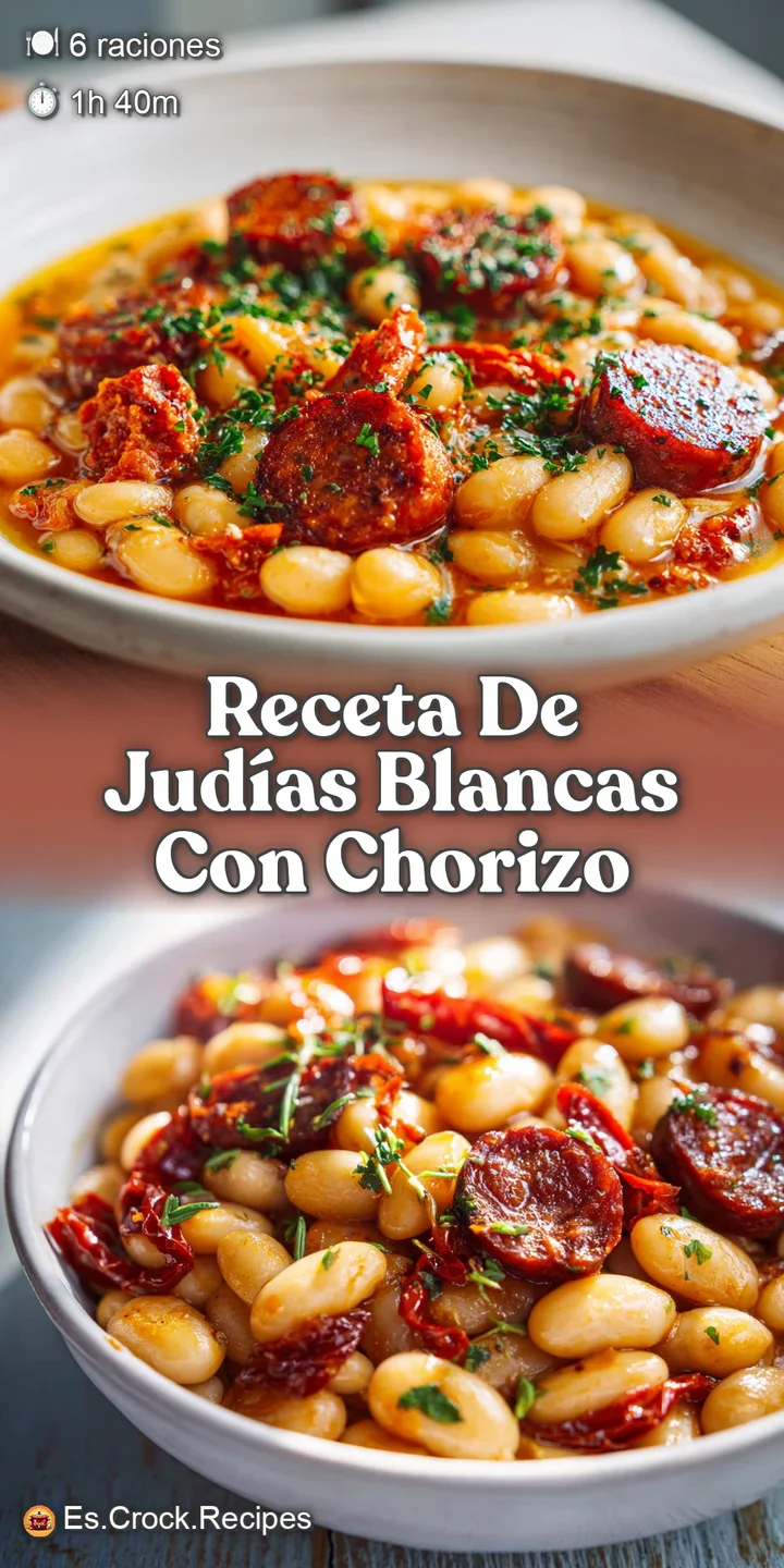 Close-up of simmering white beans with chorizo, their rich, smoky aroma practically visible in the glossy, flavorful stew.