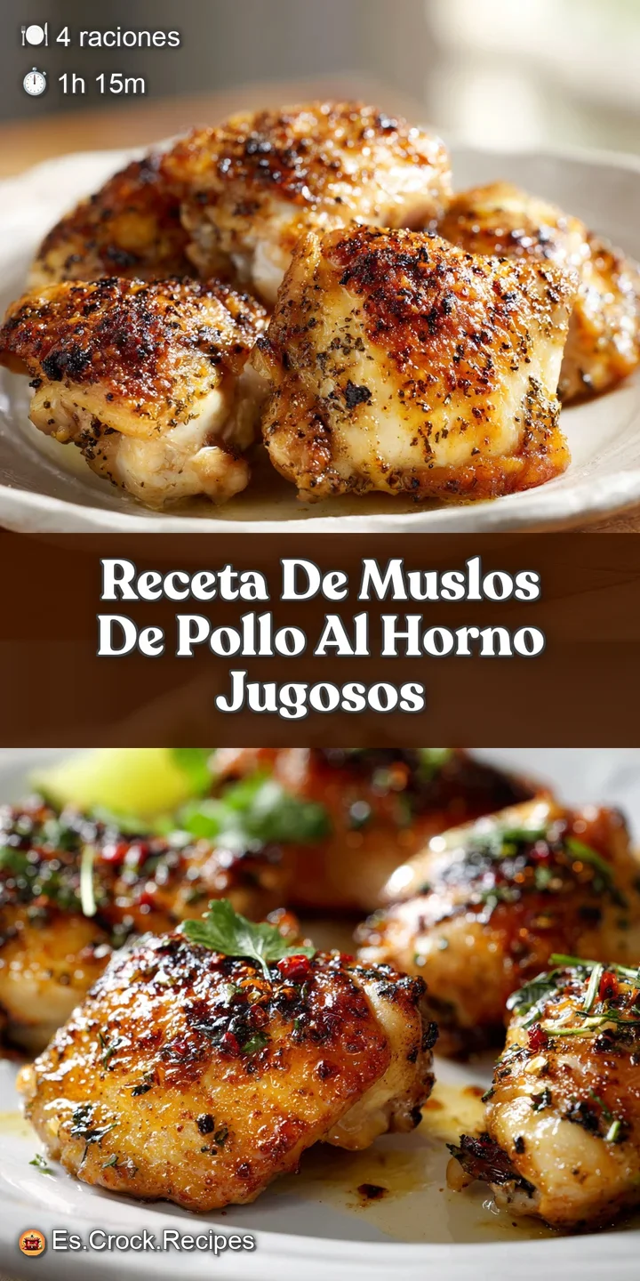 Close-up of baked chicken thigh: glistening, crispy skin seasoned with herbs, hints of garlic and herbs in the background.