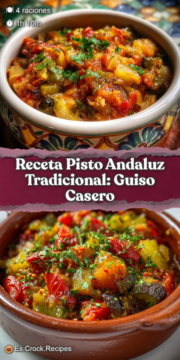 Close-up of savory pisto andaluz, revealing the soft textures and rich colors of the slow-cooked vegetables in olive oil.
