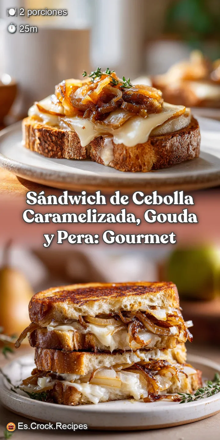 Close-up of a toasted sandwich revealing layers of gooey cheese, glistening caramelized onions, and juicy pear between gol...