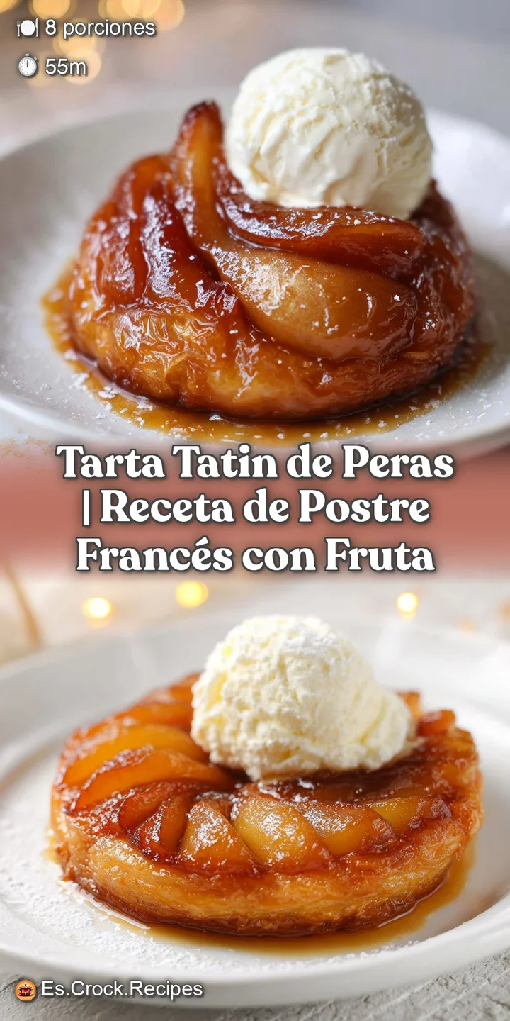 Close-up of soft, syrupy pears with a glistening caramel glaze nestled in flaky, golden pastry.