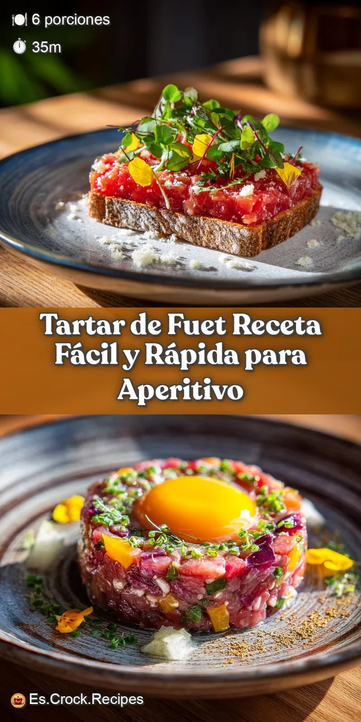 Close-up of glistening, finely diced fuet tartare, showcasing its rich color and texture, accented by fresh, aromatic gree...