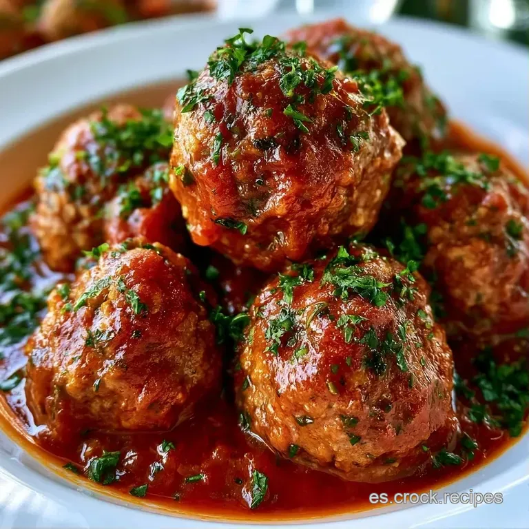 Tres bolas de carne jugosa sobre un espejo de salsa de tomate espesa y roja, decoradas con hierbas frescas en plato blanco.