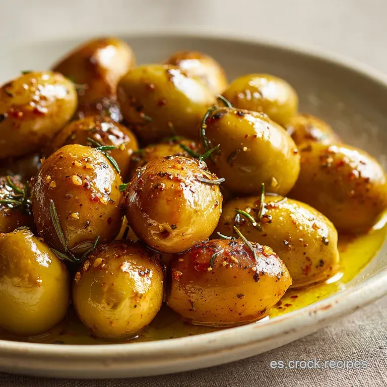 Emerald olives marinated with vibrant herbs on a white ceramic plate. Sunlit table. A simple yet elegant mediterranean app...