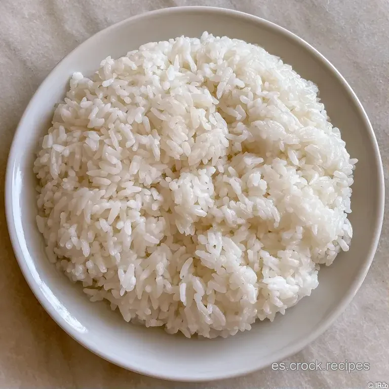 Montículo perfecto de granos blancos perlados y brillantes sobre un plato minimalista con iluminación suave y clara.