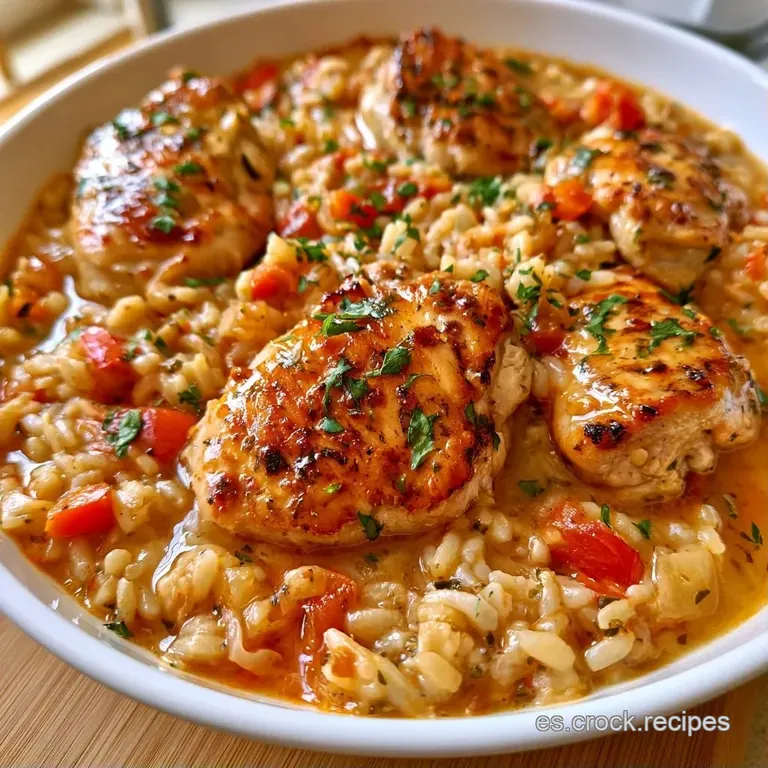Plato hondo de cerámica con arroz húmedo, pollo dorado y caldo vaporoso, resaltando tonos ocres y verdes vibrantes.