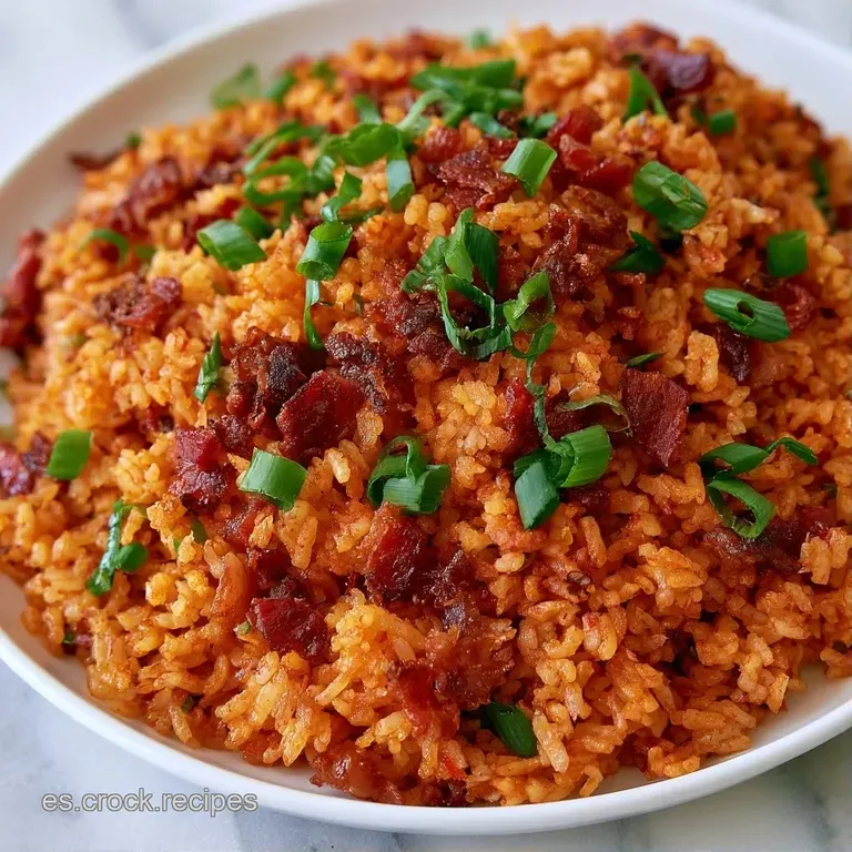 Montaje en cuenco oscuro con arroz rojizo, panceta caramelizada y un huevo frito de yema líquida y brillante arriba.
