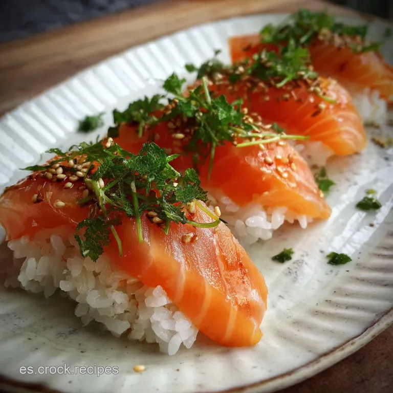 Elegant sushi plate featuring perfectly formed salmon rolls, garnished with microgreens and a delicate drizzle of sauce.