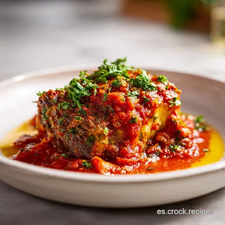 Plated Bacalao a la Vizca&iacute;na: flaky cod glistening in the deep red sauce, accented by vibrant peppers and parsley garnish.
