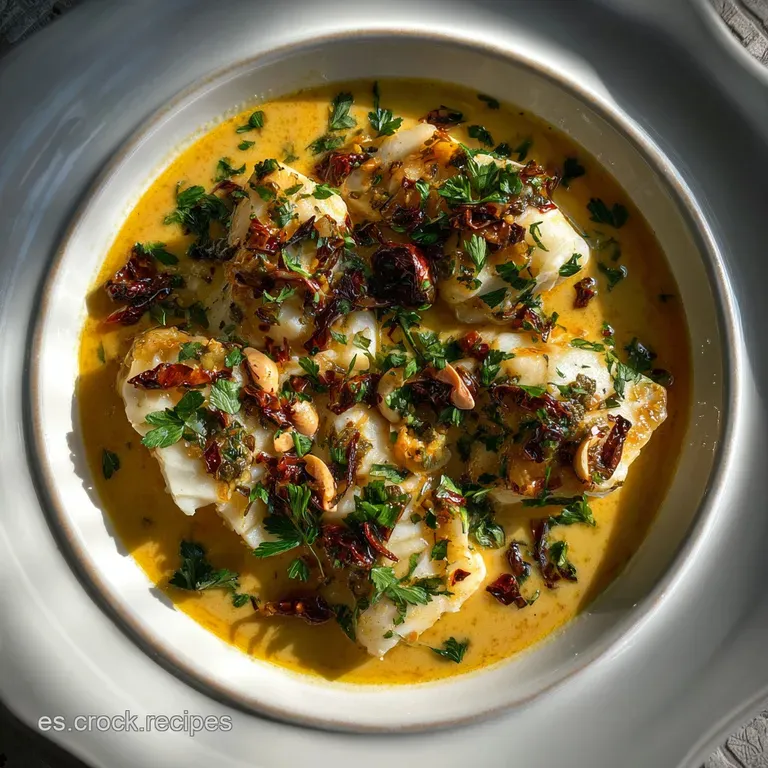 Bacalao al pil pil plated with rustic charm. The sauce, a light emulsion, delicately coats the flaky cod and peppers.