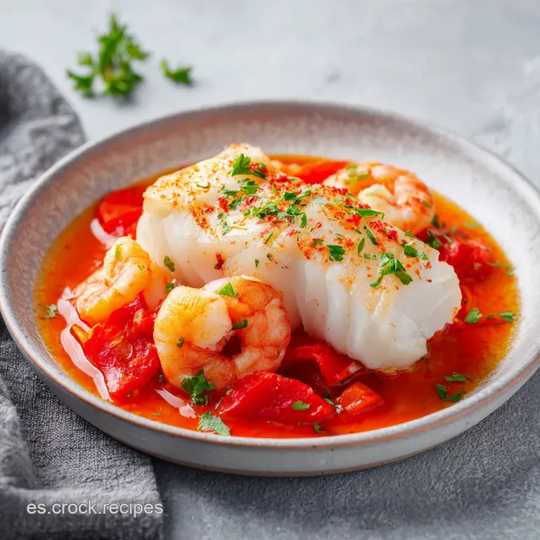 Filete blanco jugoso coronado por gambas brillantes, servido con gotas de salsa amarilla y brotes verdes elegantes.