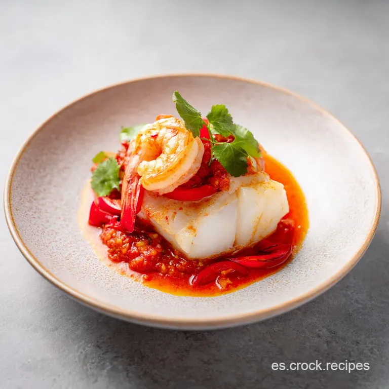 Bacalao al Horno con Salsa de Gambas y Pimientos