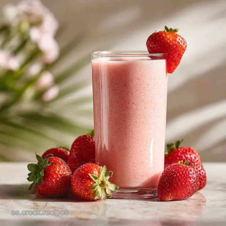 A creamy strawberry smoothie, pale pink and frothy, served in a stemmed glass, garnished with a plump, juicy strawberry on...