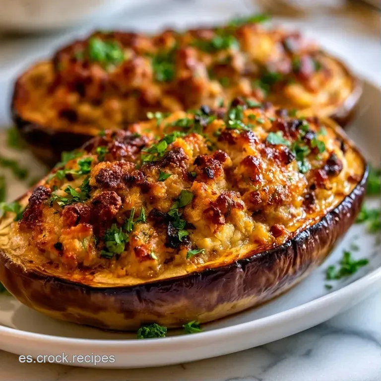 Plato blanco con berenjenas asadas, relleno jugoso gratinado y hojas de perejil fresco sobre un fondo neutro.