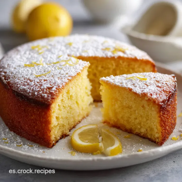 A slice of moist lemon cake on a white plate, glistening with a glaze. Garnished with fresh lemon slice. A bright, citrusy...