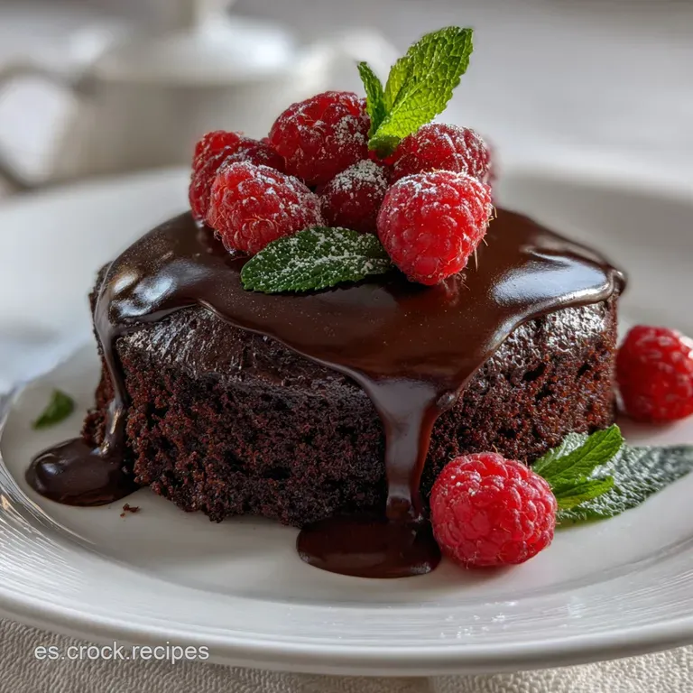 Slice of rich, dark chocolate cake with a glistening crumb; plated elegantly with a delicate sprig of mint.